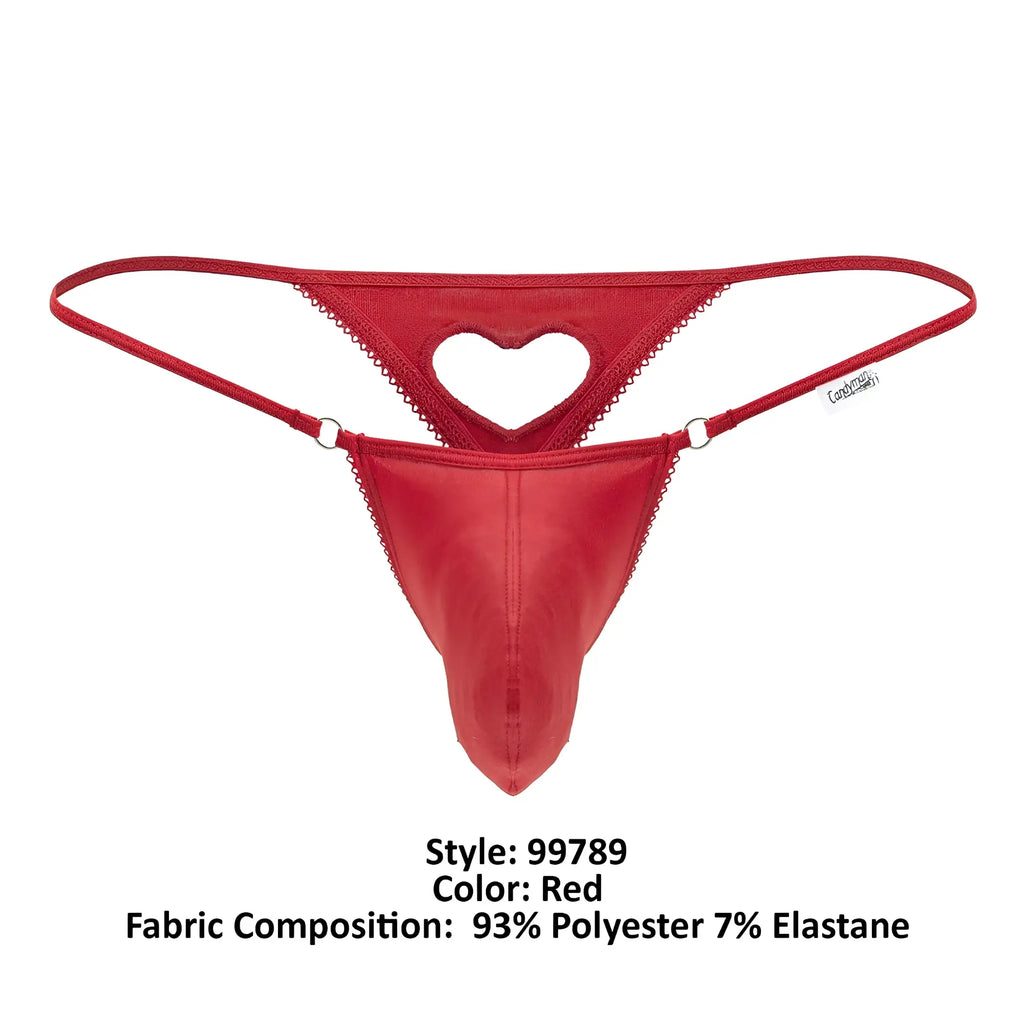 Red CandyMan 99789 heart thong with scalloped edges made from 93% polyester and 7% elastane