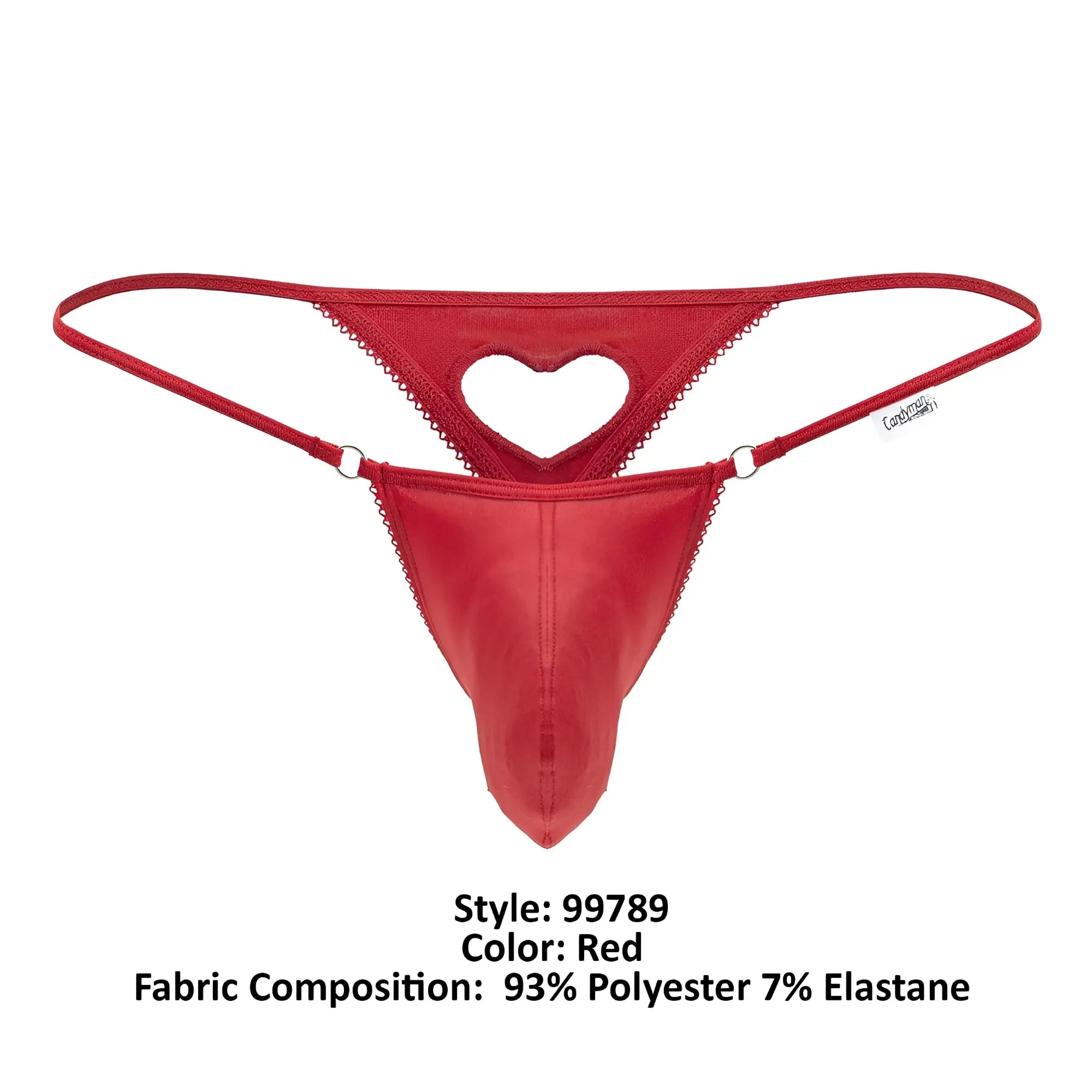Red CandyMan 99789 heart thong with scalloped edges made from 93% polyester and 7% elastane