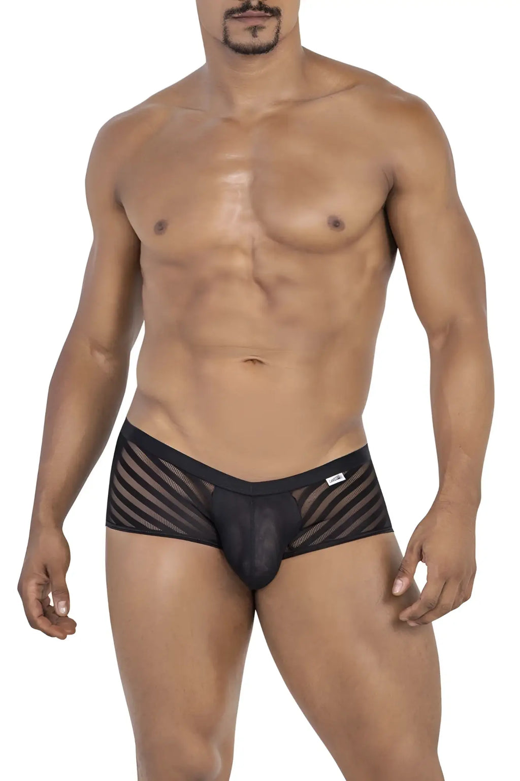 Black candyMan 99790 mesh trunks featuring a diagonal striped pattern and solid black waistband