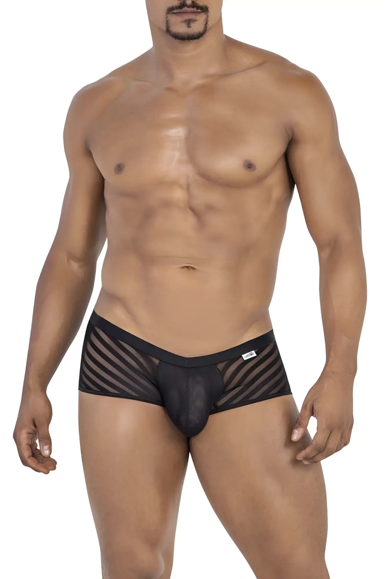 Black candyMan 99790 mesh trunks featuring a diagonal striped pattern and solid black waistband