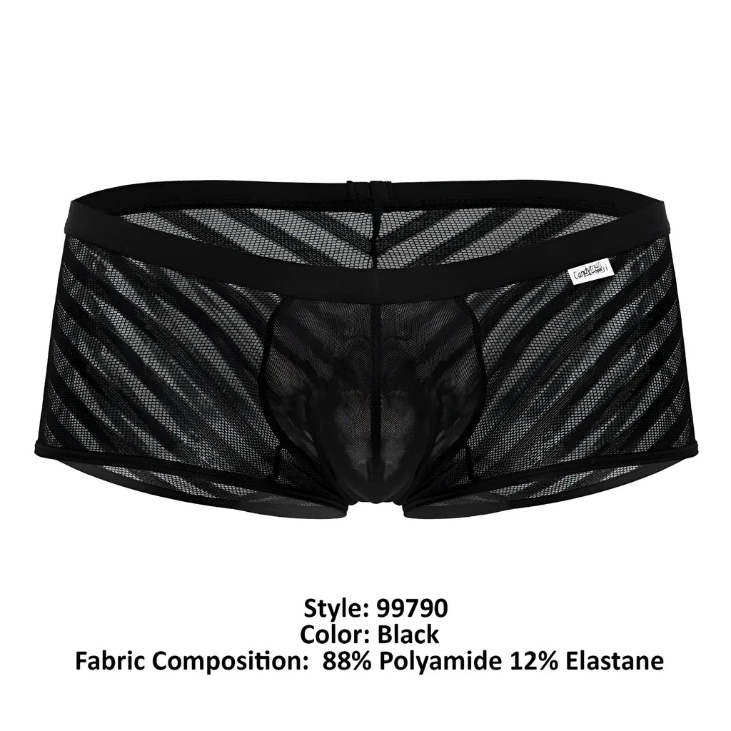CandyMan 99790 mesh trunks in black featuring black mesh briefs with diagonal stripes and a solid waistband