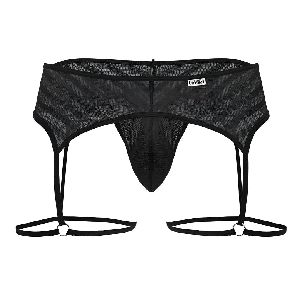 Black mesh men’s garter belt CandyMan 99792 with diagonal striped pattern and adjustable straps in black color