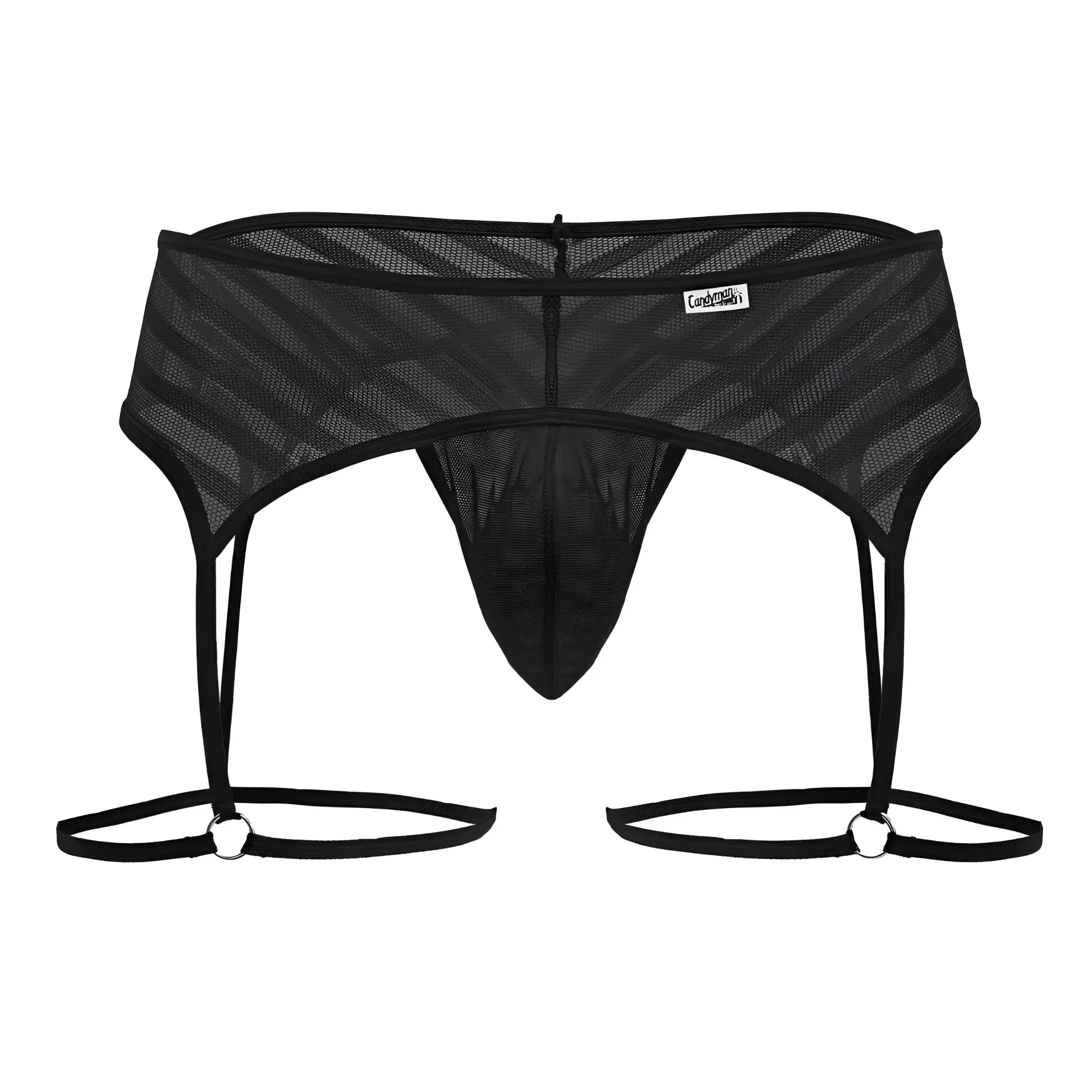 Black mesh men’s garter belt CandyMan 99792 with diagonal striped pattern and adjustable straps in black color