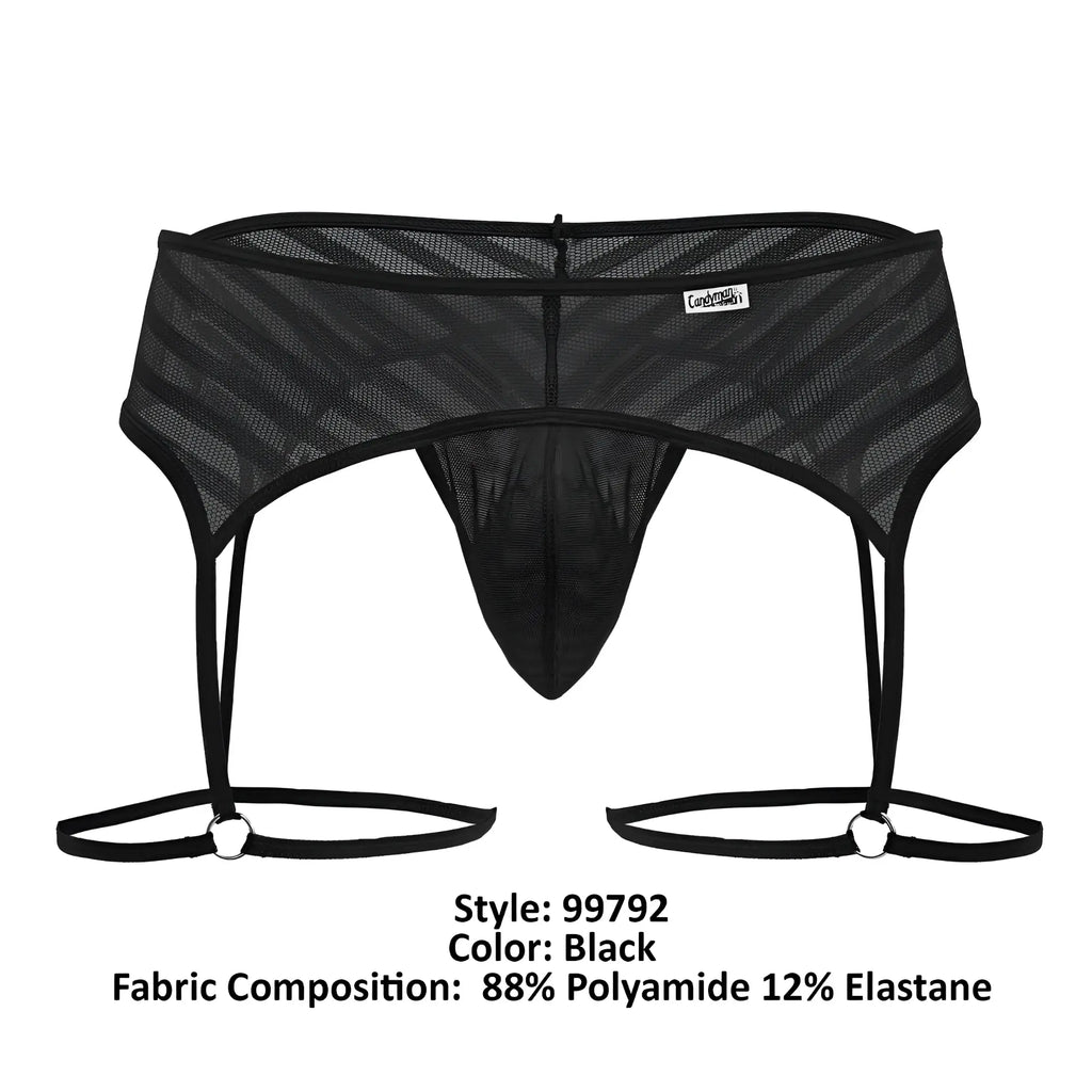 Black mesh men’s garter belt with diagonal striped pattern and adjustable straps from candyman 99792 collection