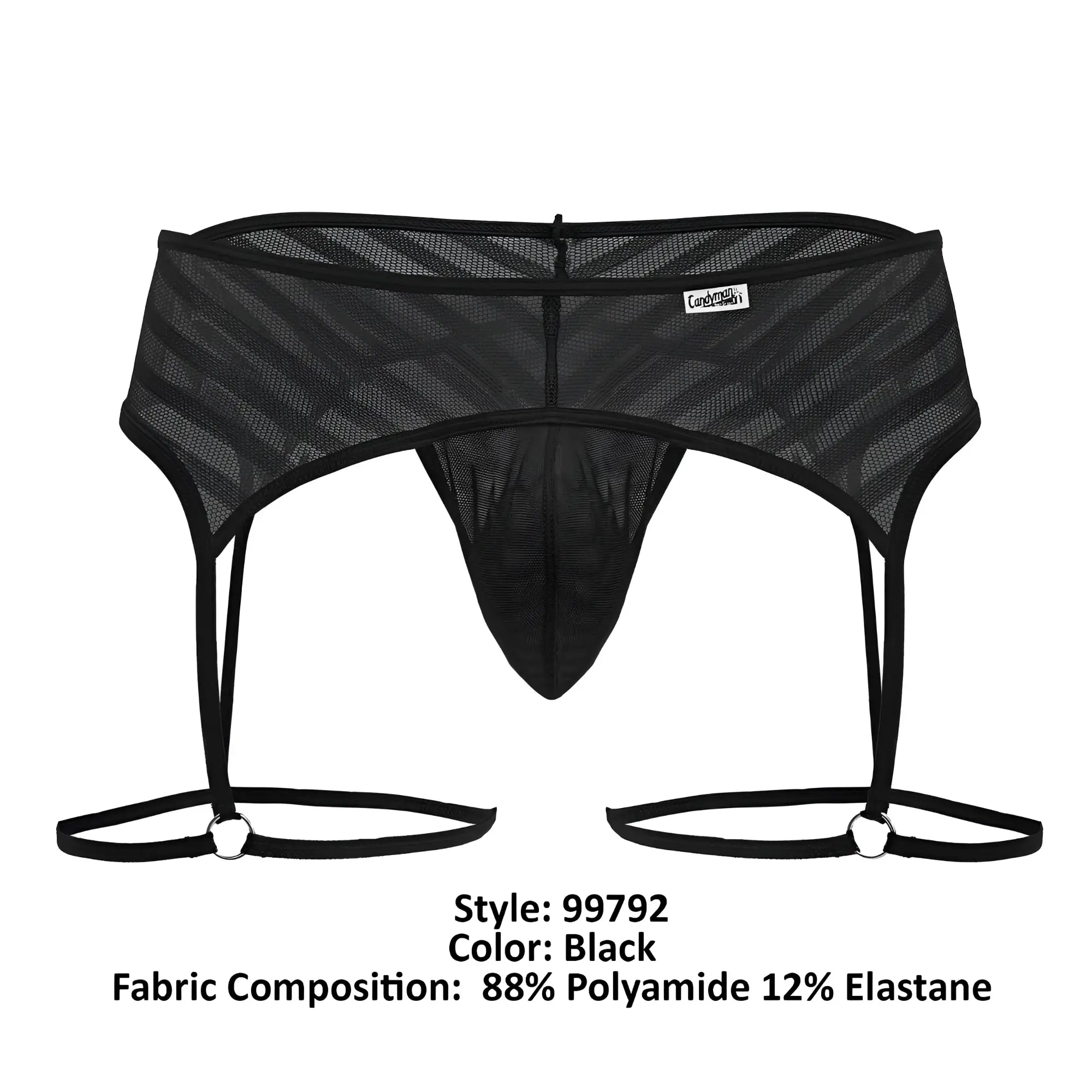 Black mesh men’s garter belt with diagonal striped pattern and adjustable straps from candyman 99792 collection