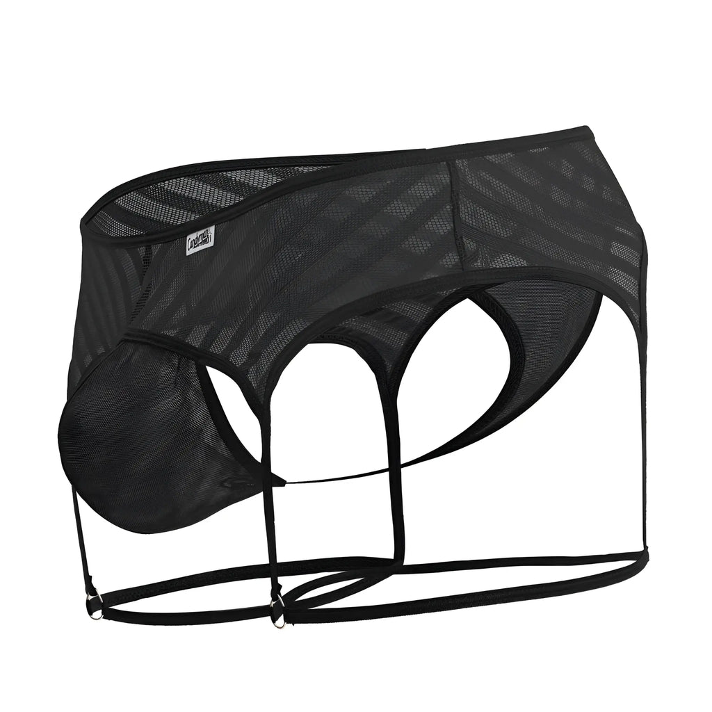 Black mesh CandyMan 99792 men’s garter thongs with supportive contoured design and adjustable straps in front view