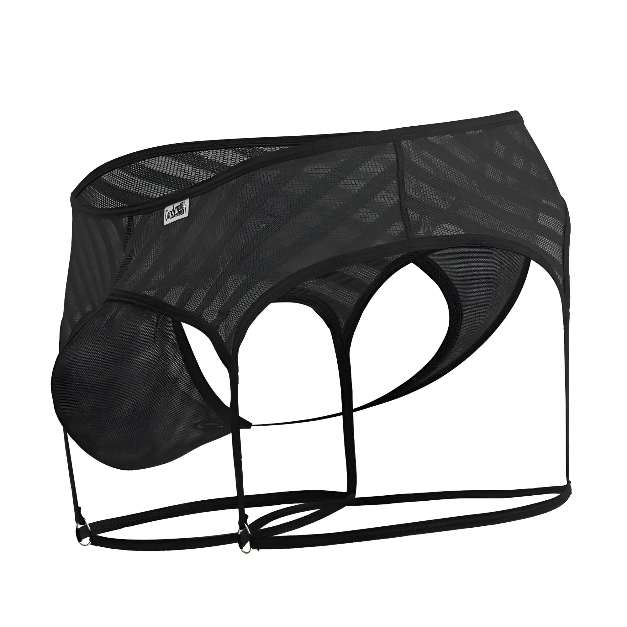 Black mesh CandyMan 99792 men’s garter thongs with supportive contoured design and adjustable straps in front view