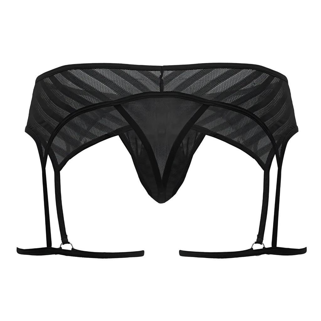 Black mesh thong garter with four adjustable straps and central triangular design candyMan 99792 color black