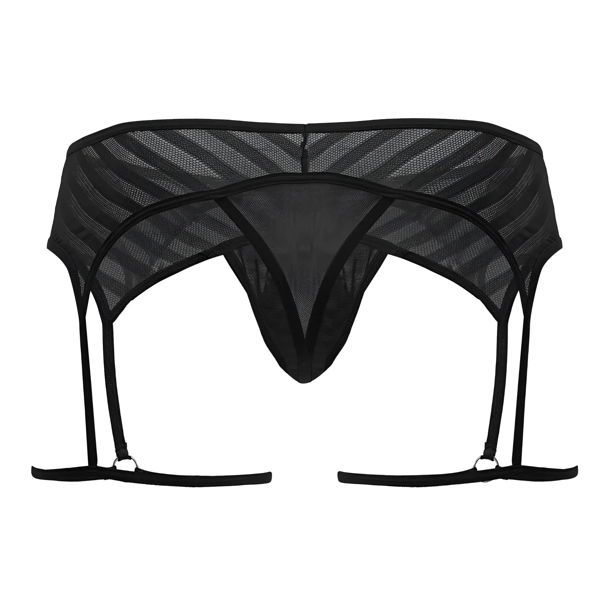 Black mesh thong garter with four adjustable straps and central triangular design candyMan 99792 color black