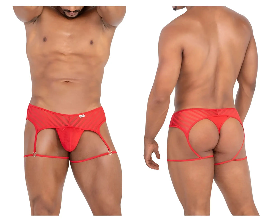 CandyMan 99792 red sheer mesh men’s briefs with garter straps and a central pouch for a bold look