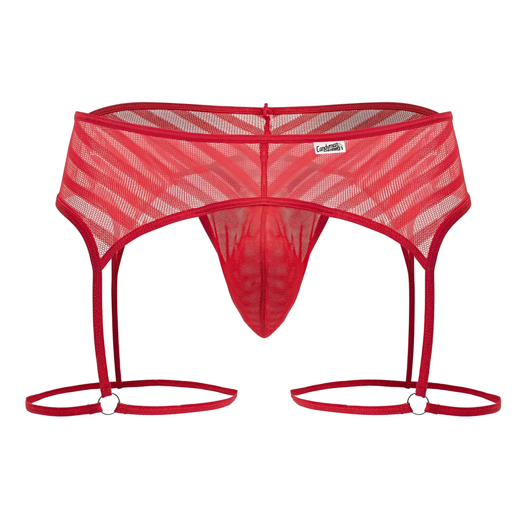 Red mesh garter thong with diagonal striped pattern and adjustable straps from candyman 99792 collection in red