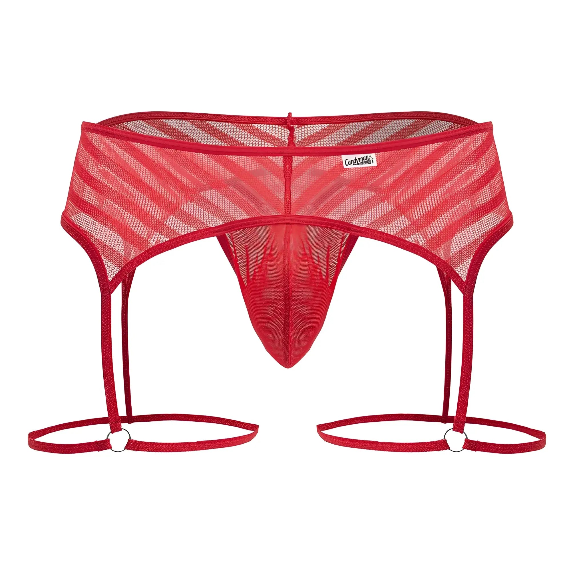 Red mesh garter thong with diagonal striped pattern and adjustable straps from candyman 99792 collection in red