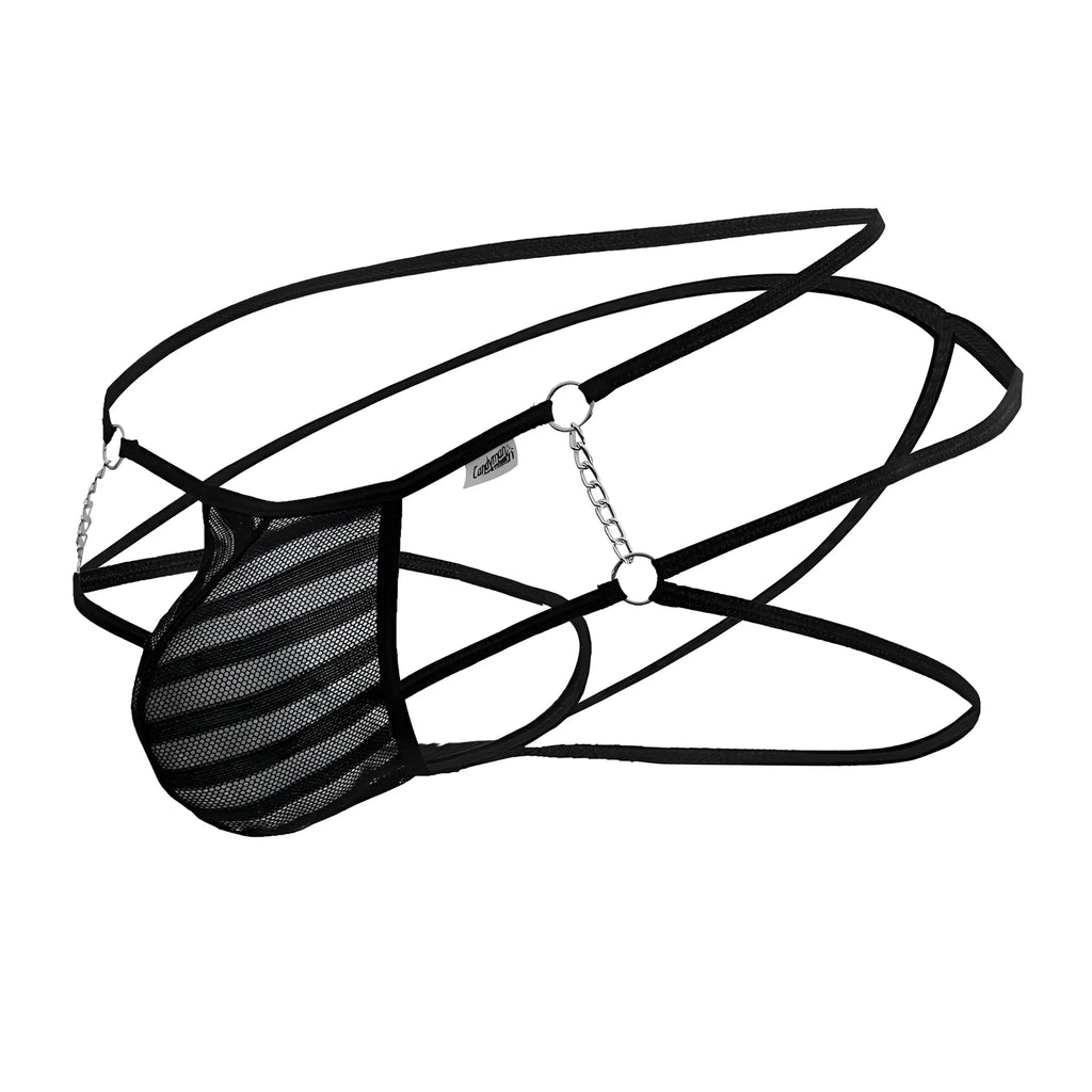 Black CandyMan 99793 mesh jock thong for men with striped pattern and silver chain detailing front view