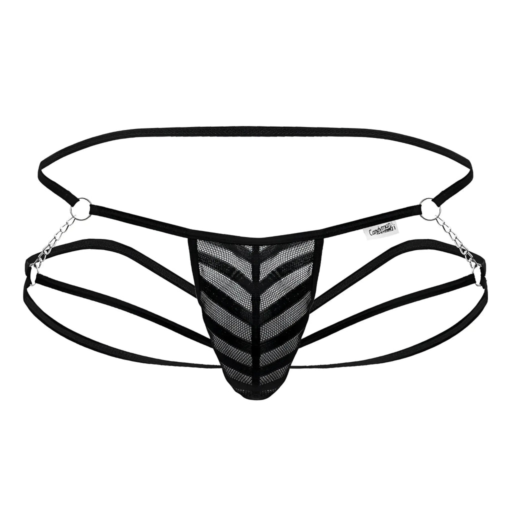 Black CandyMan 99793 mesh jock thong with chevron pattern adjustable straps and silver chain accents shown from the back