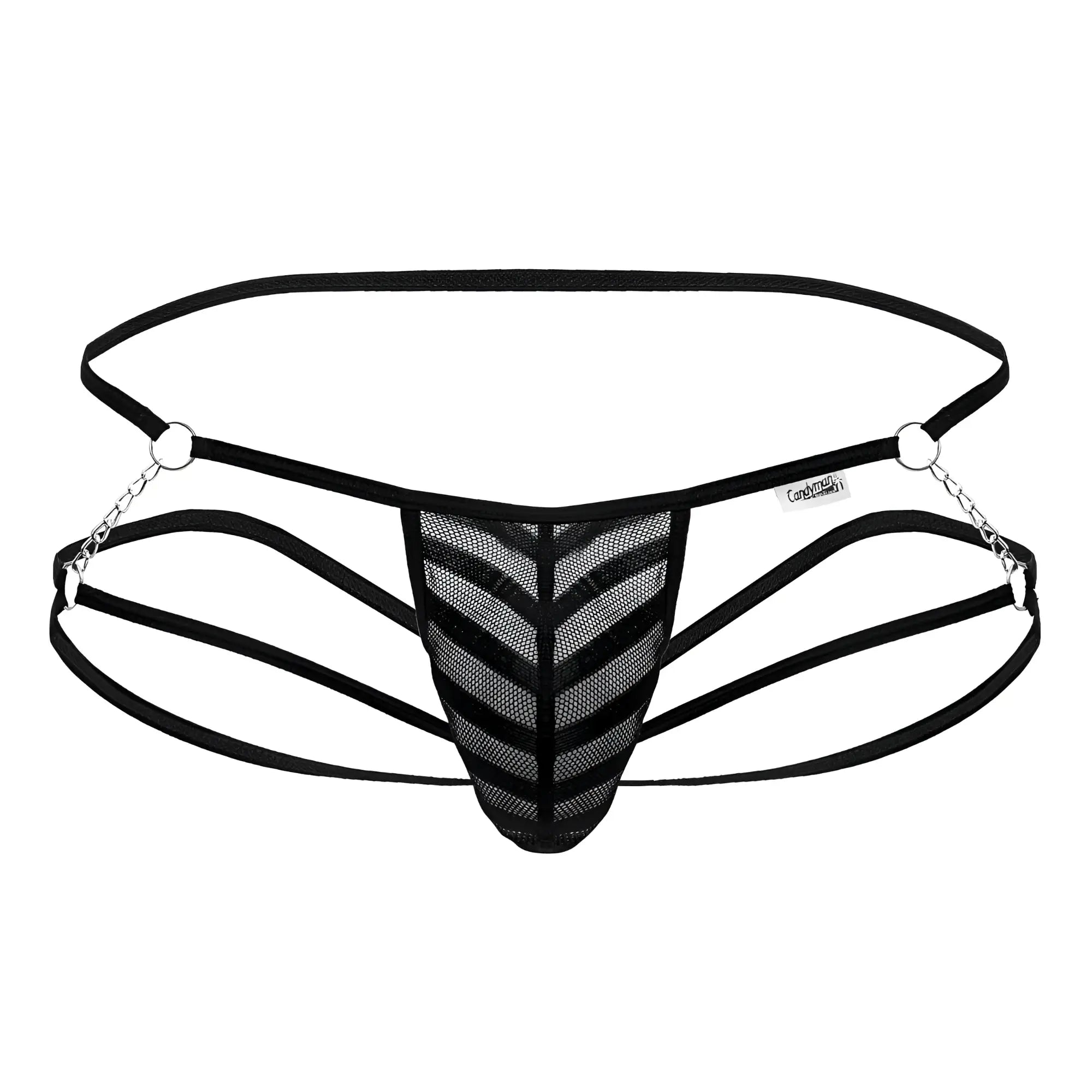 Black CandyMan 99793 mesh jock thong with chevron pattern adjustable straps and silver chain accents shown from the back