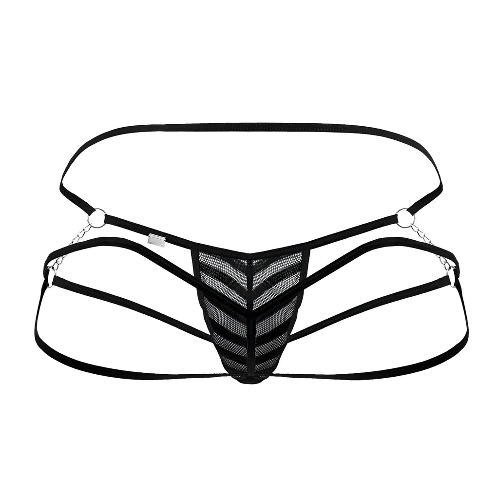 Black mesh thong candyMan 99793 with silver chain accents and adjustable straps shown from the back side