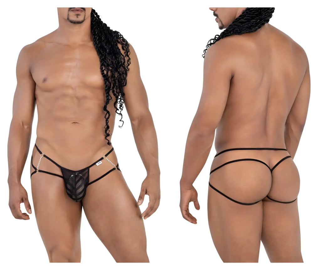 Black mesh candyMan 99793 jock thong with thin straps and gold chain detailing shown from the back side