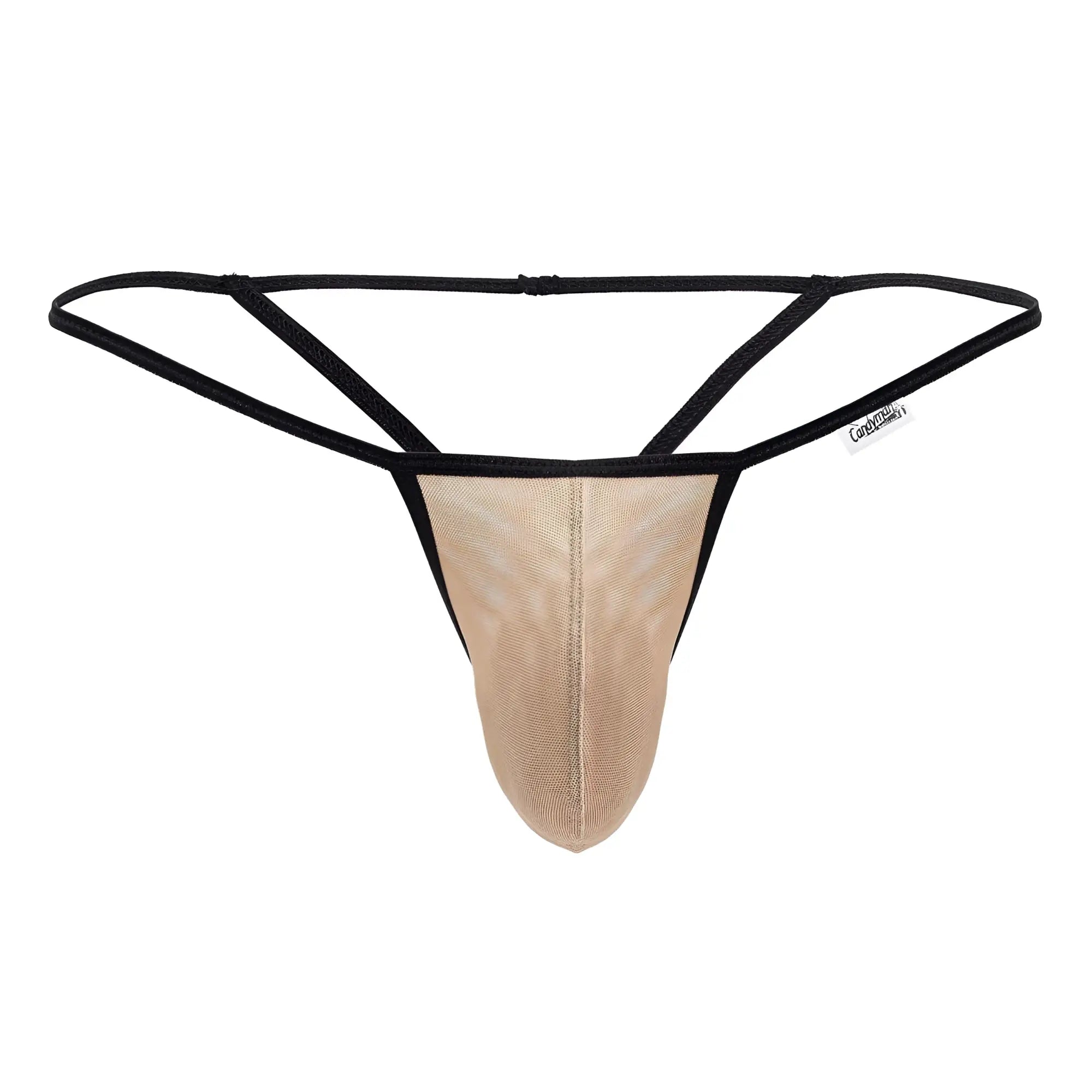Beige candy man 99795 mesh g-string thong with black trim featuring a supportive contoured design