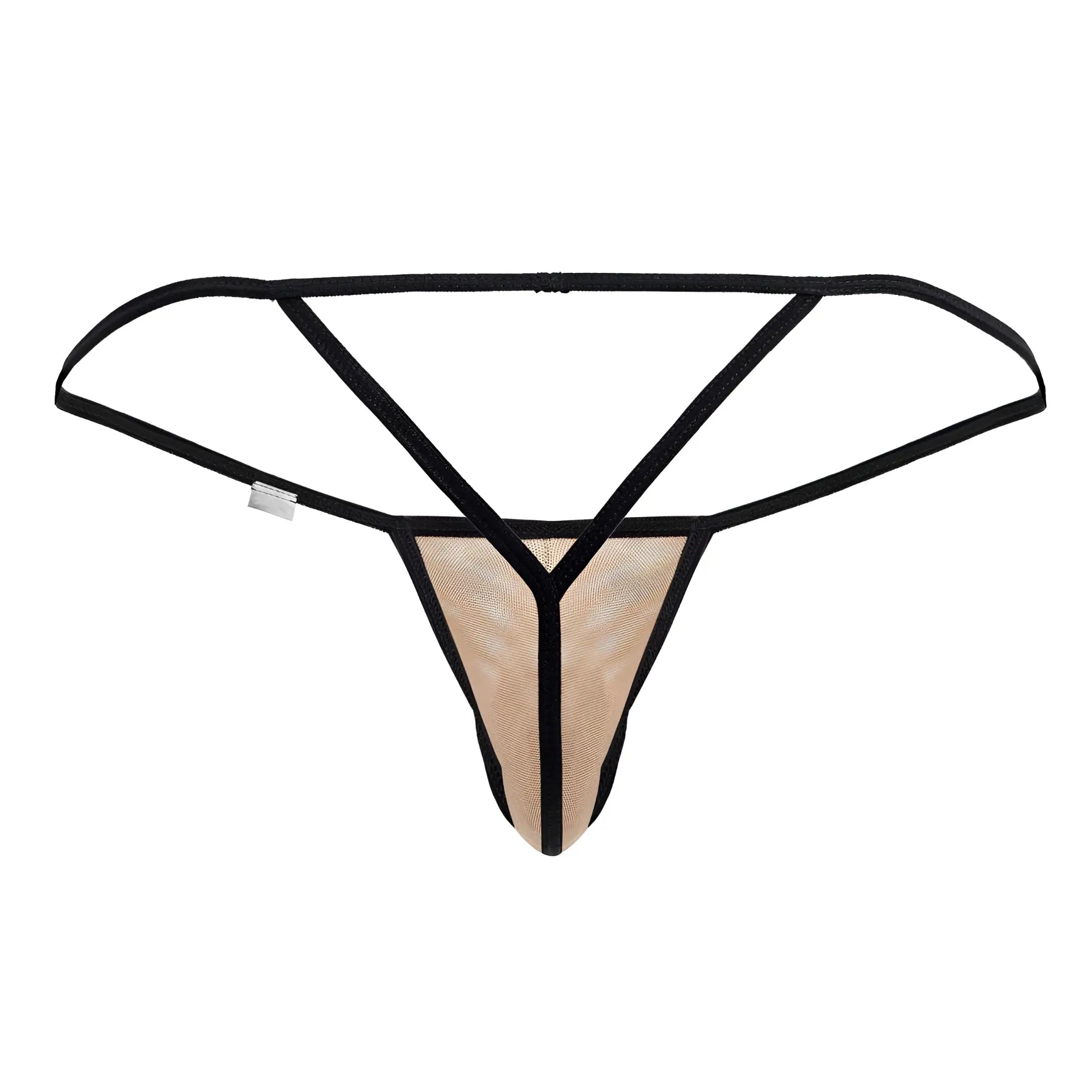 CandyMan 99795 beige mesh g-string thong with supportive crisscross design in black and beige colors