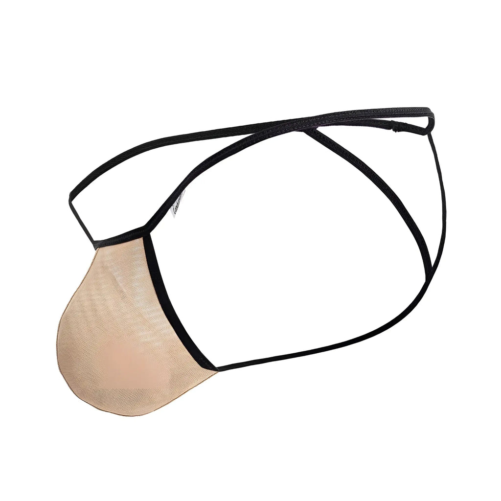 Beig mesh thong with black elastic straps from candyman 99795 collection in comfortable breathable fabric