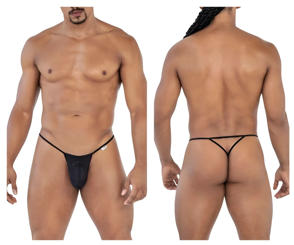 Black candyMan 99795 mesh g-string thong with smooth form-fitting design and thin elastic straps shown from the back