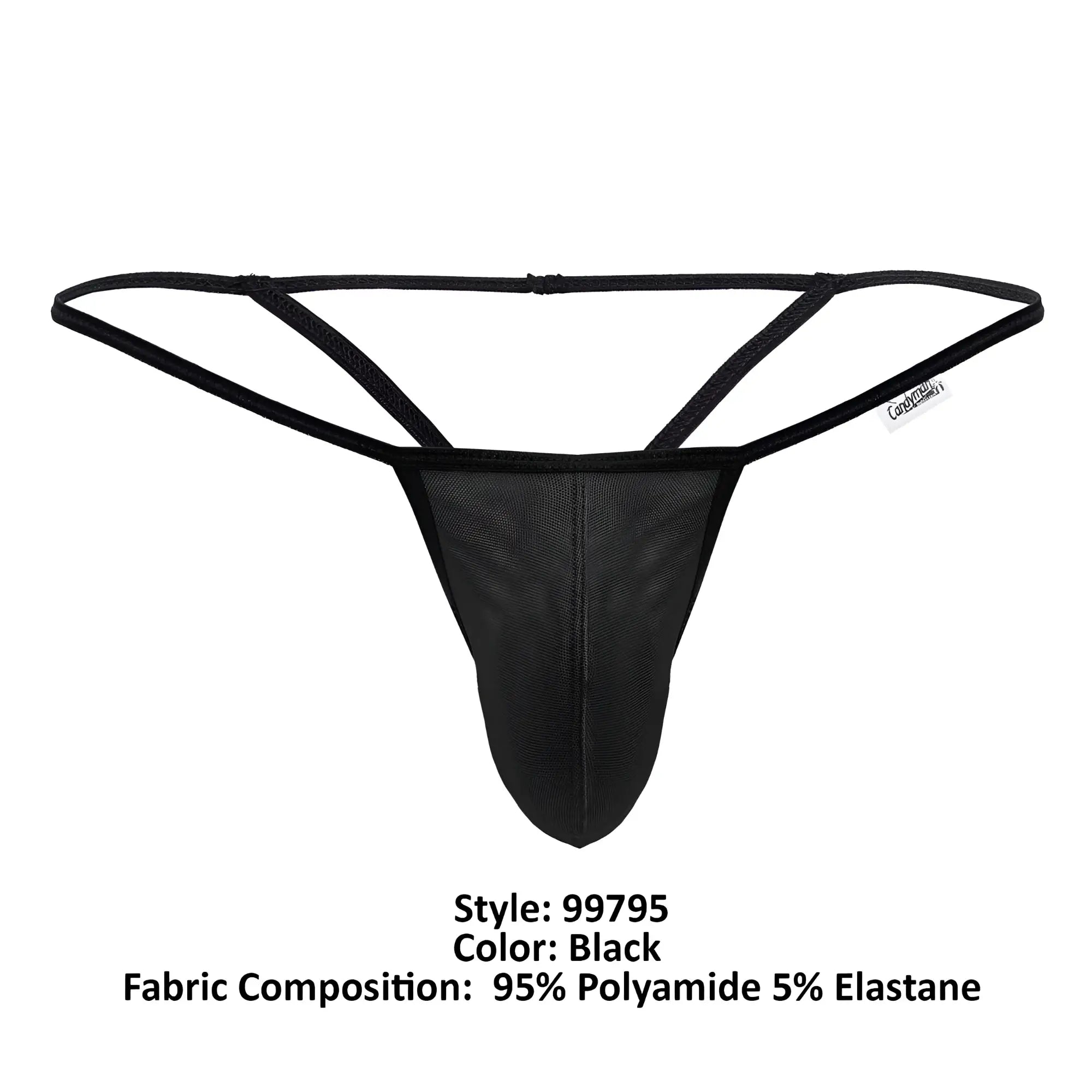 CandyMan 99795 black mesh g-string thong with supportive contoured design and thin elastic straps shown from the back