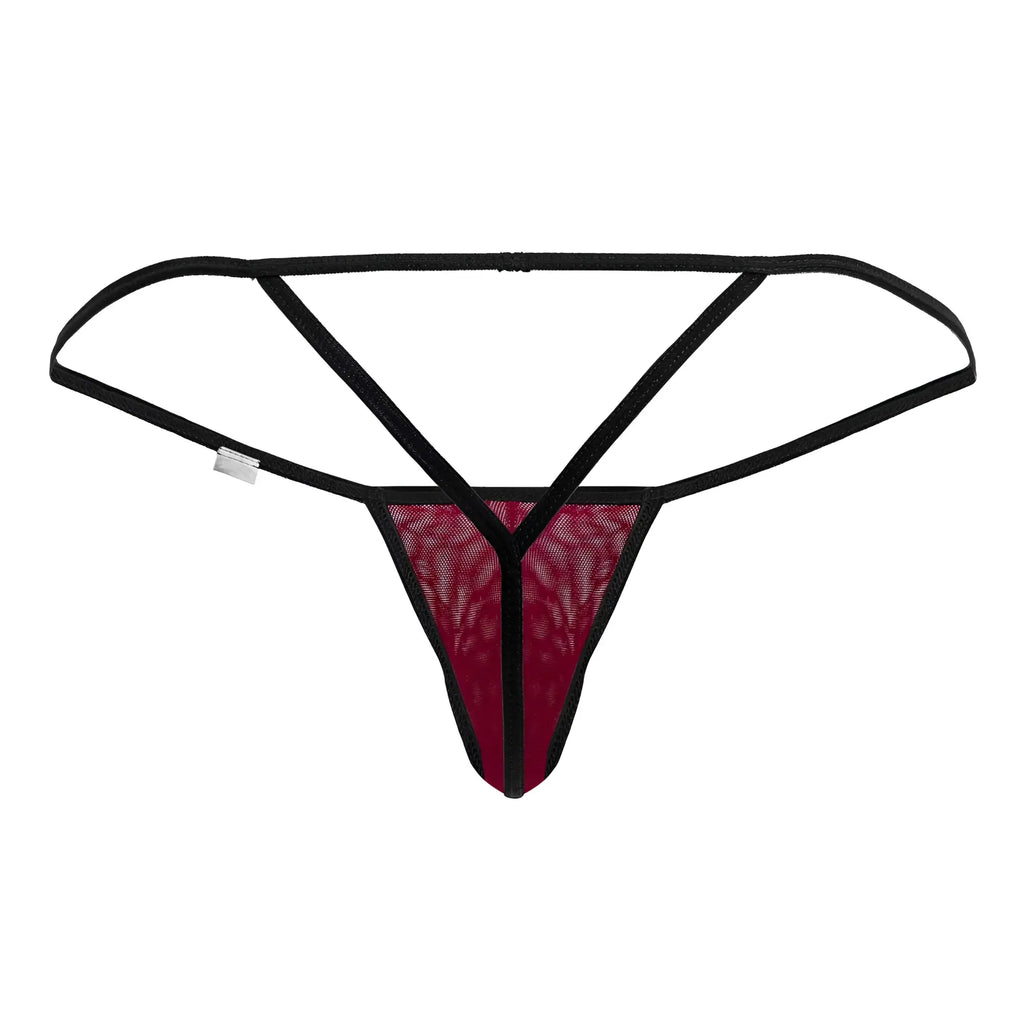 Black and maroon lace mesh g-string thong from candyman in burgundy showing front design details