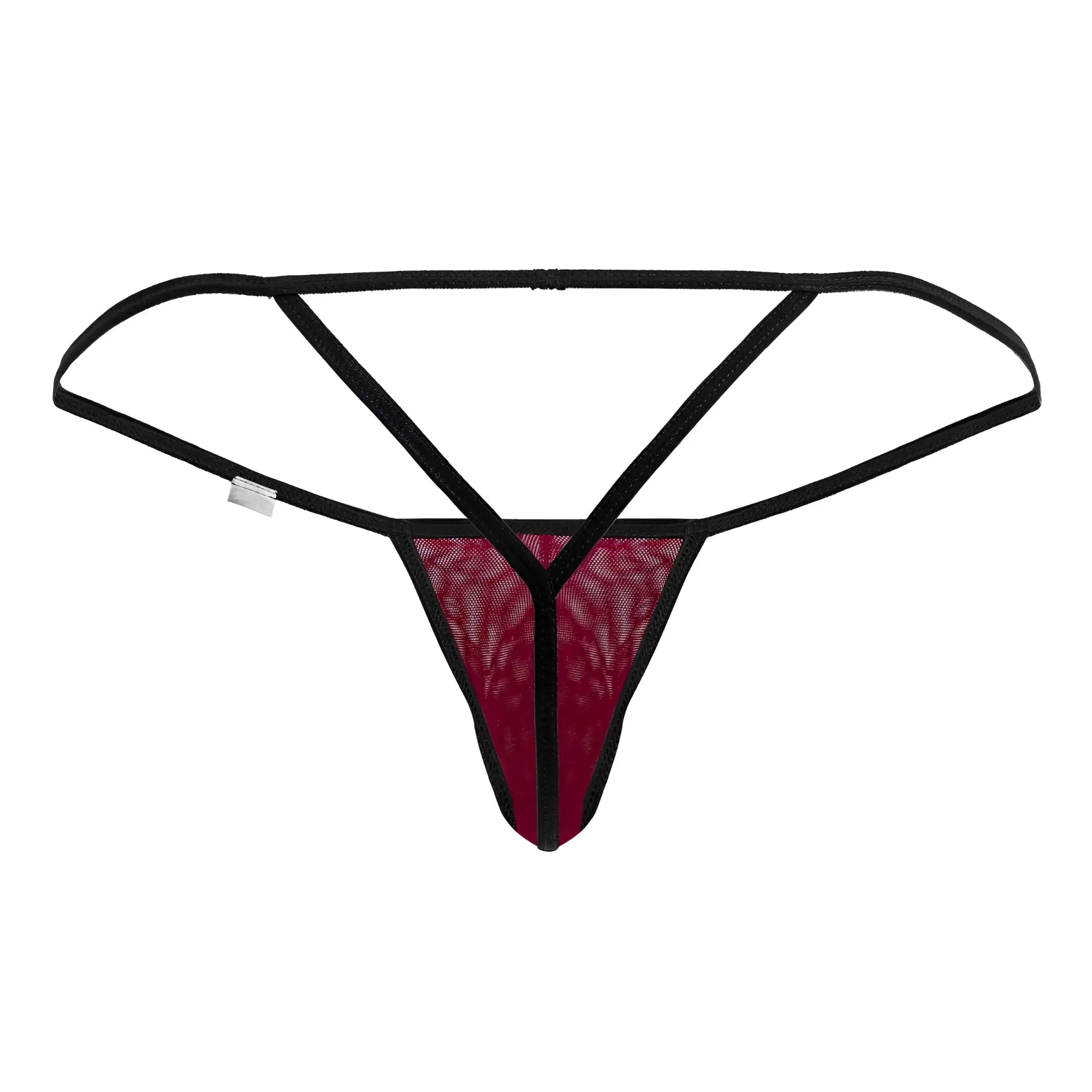 Black and maroon lace mesh g-string thong from candyman in burgundy showing front design details
