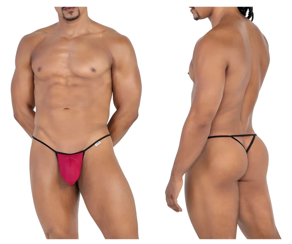 CandyMan 99795 mesh g-string thong in bright pink with black trim and a small white logo on the side