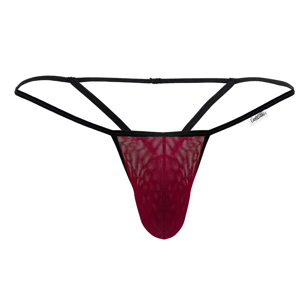 A maroon lace mesh g-string thong with black elastic straps and branded tag from candyman 99795 collection