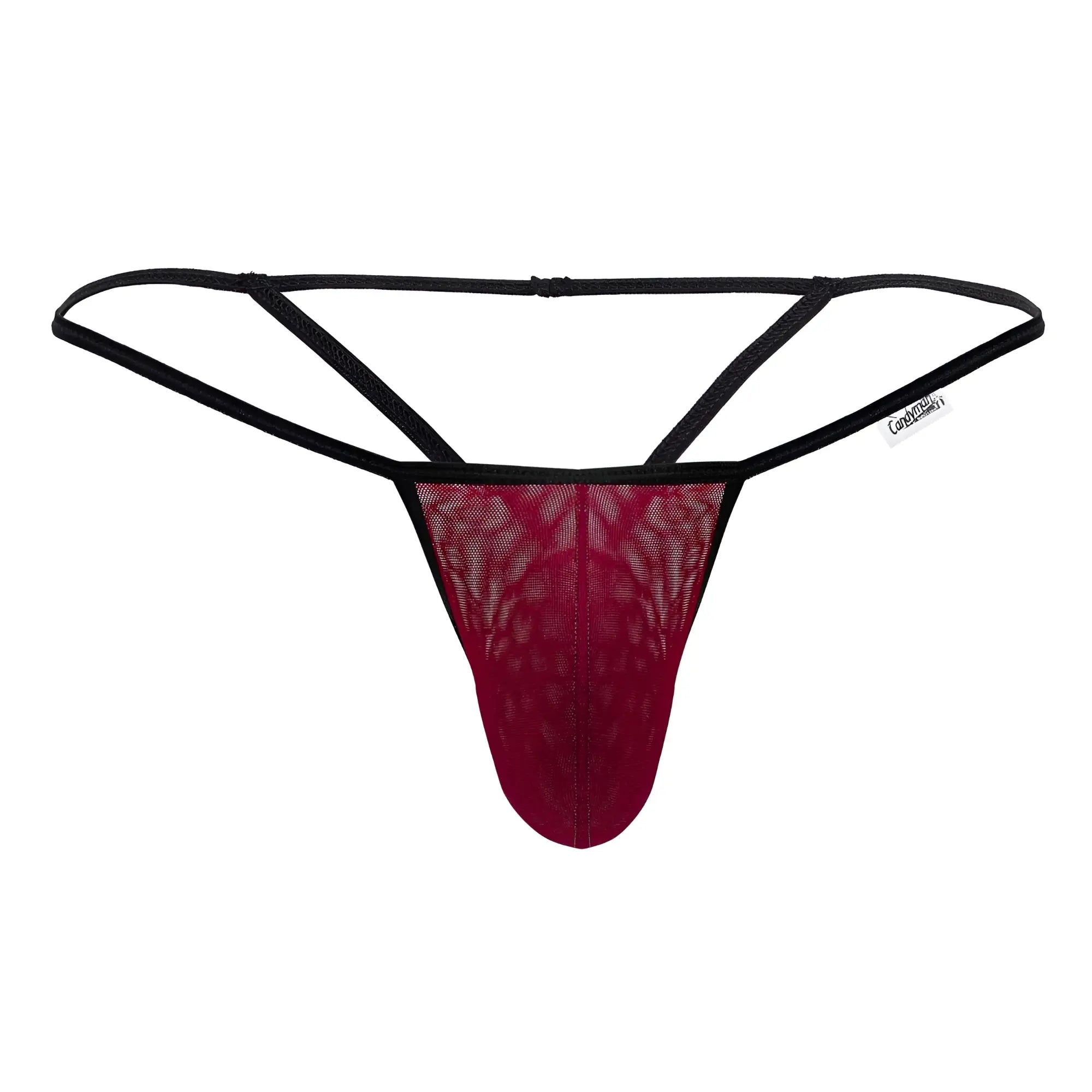A maroon lace mesh g-string thong with black elastic straps and branded tag from candyman 99795 collection