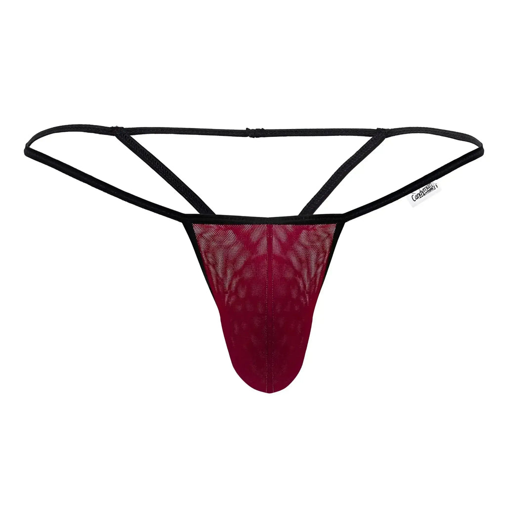 A maroon lace mesh g-string thong with black elastic straps and branded tag from candyman 99795 collection