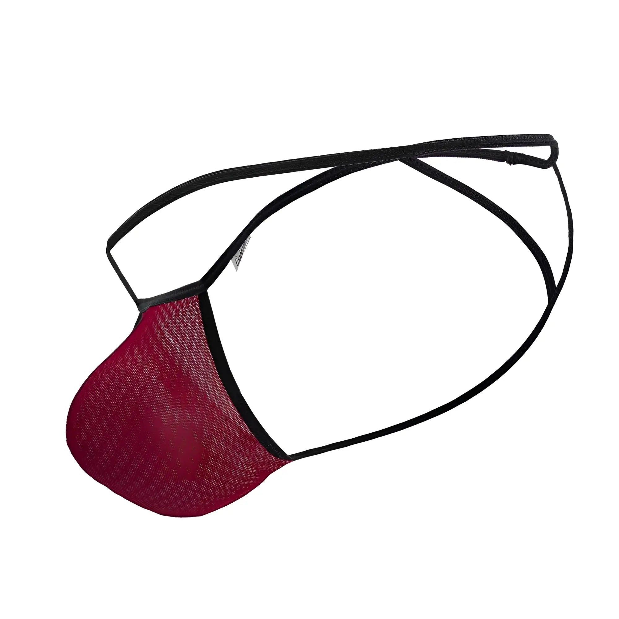 CandyMan 99795 burgundy mesh g-string thong with red mesh pouch and black elastic straps shown from the back