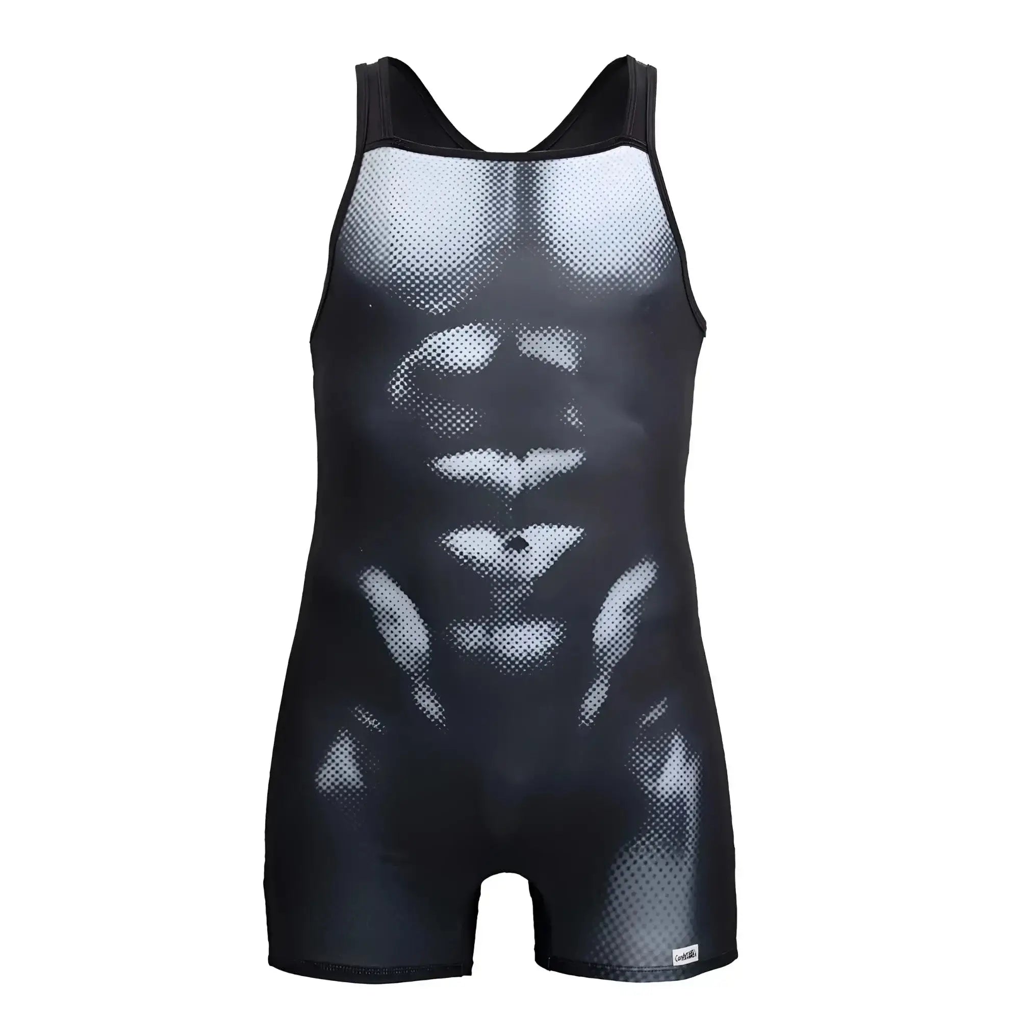 CandyMan 99796 muscle onesie bodysuit in black and white mesh with detailed abdominal muscle design wrestling singlet