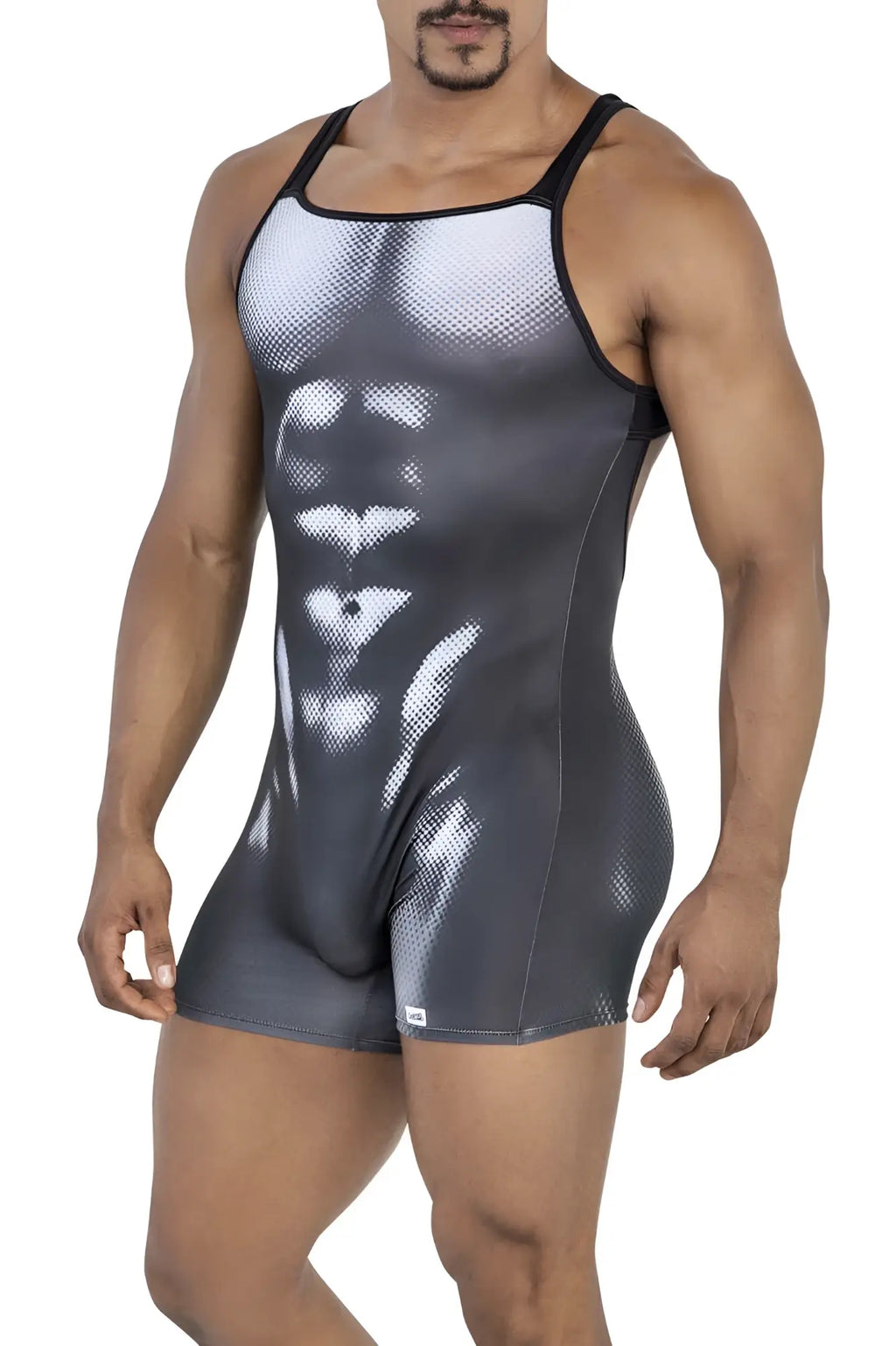 Black and white candyMan 99796 muscle onesie bodysuit featuring detailed halftone abdominal muscle print