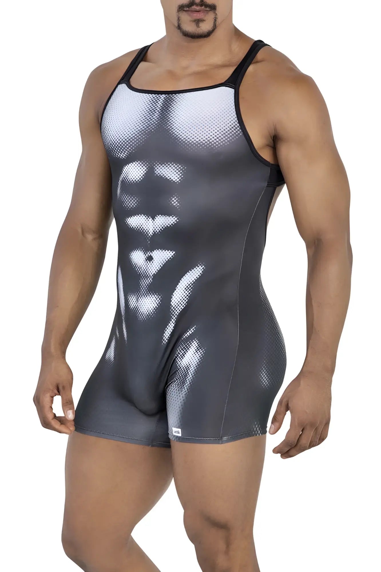 Black and white candyMan 99796 muscle onesie bodysuit featuring detailed halftone abdominal muscle print