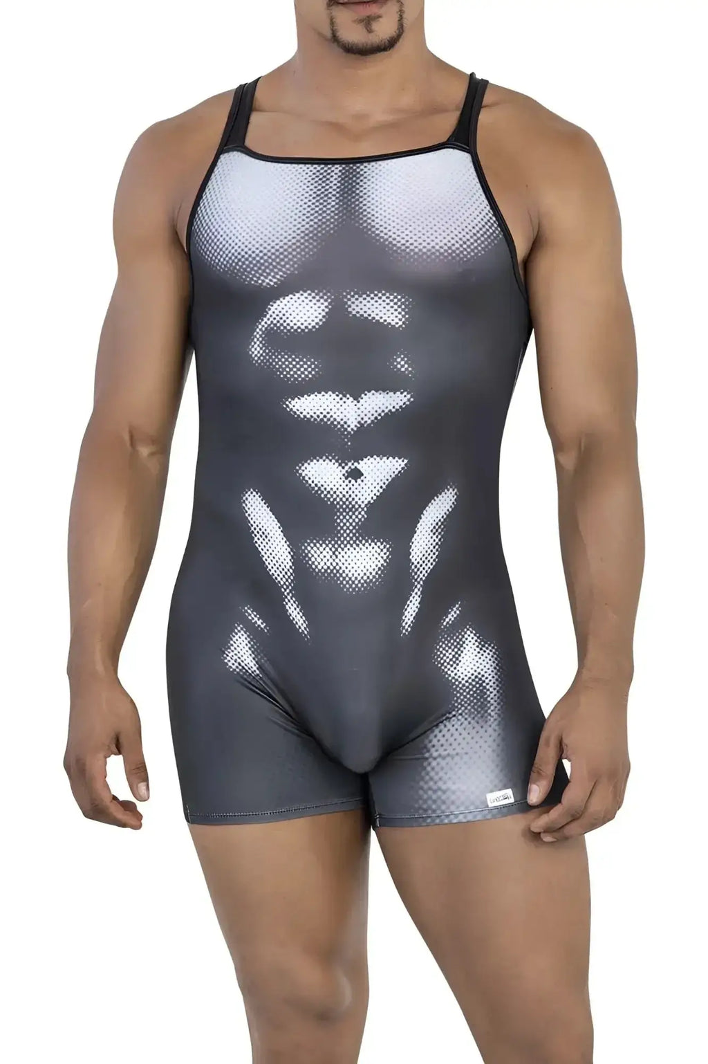 Black and white CandyMan 99796 muscle onesie bodysuit with detailed abdominal muscle design in graphic tank top style