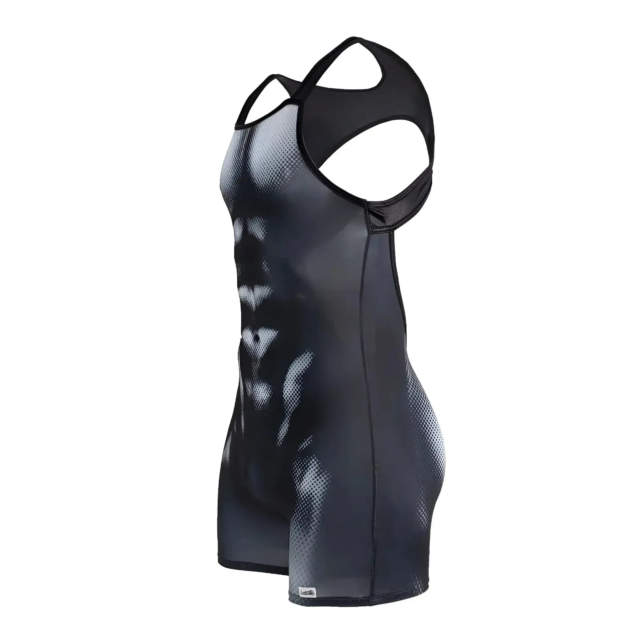 CandyMan 99796 muscle onesie bodysuit in black and white with muscular torso graphic and breathable mesh panels