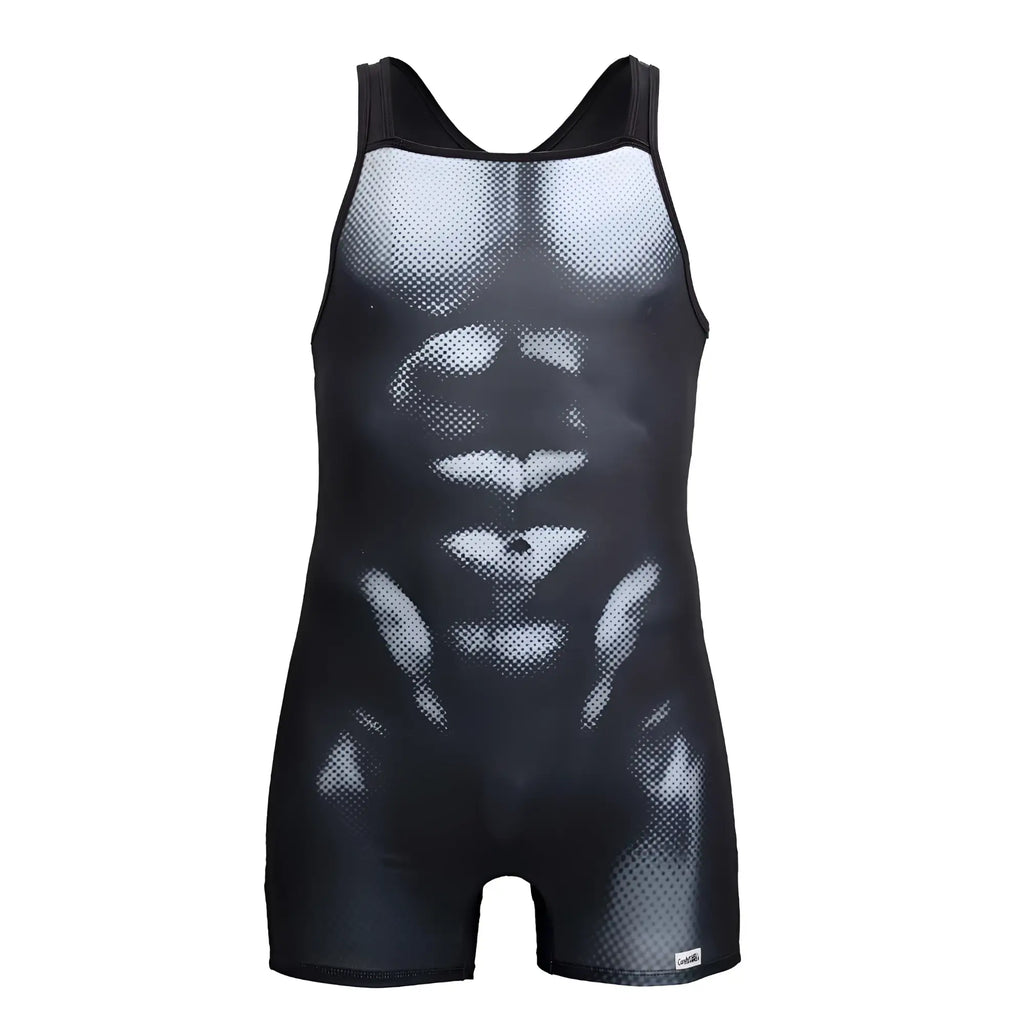 CandyMan 99796 muscle onesie bodysuit in black and white mesh with detailed abdominal muscle design wrestling singlet