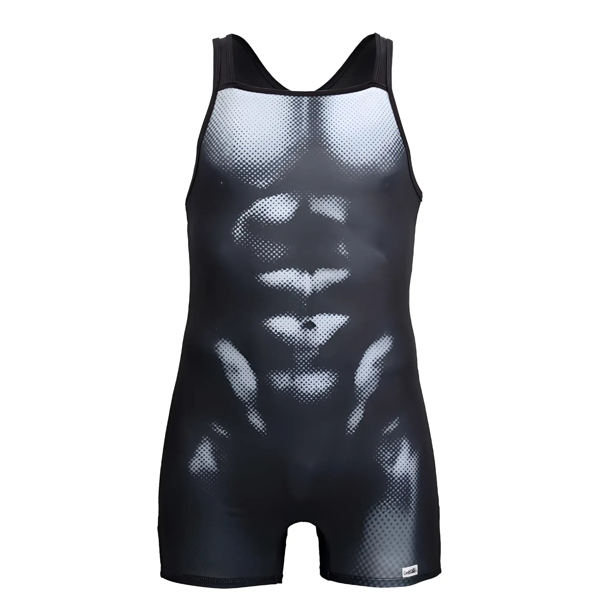 CandyMan 99796 muscle onesie bodysuit in black and white mesh with detailed abdominal muscle design wrestling singlet