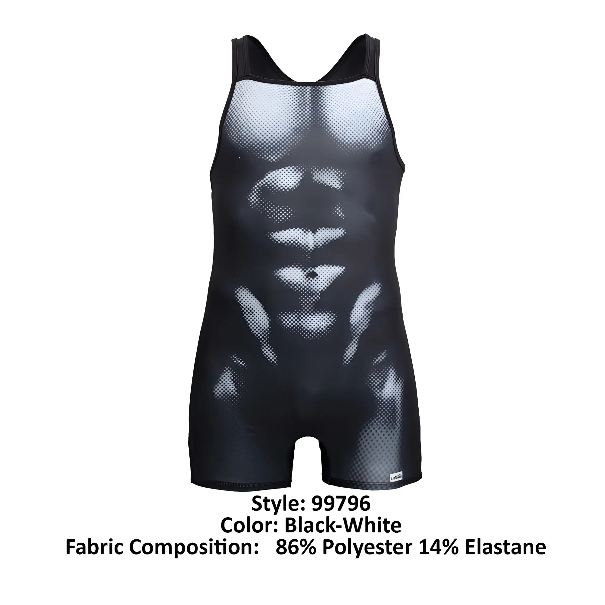 CandyMan 99796 black-white mesh wrestling singlet with detailed abdominal muscle design for enhanced performance