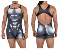 Black and silver gradient CandyMan 99796 muscle onesie bodysuit with detailed abdominal muscle print in black-white color