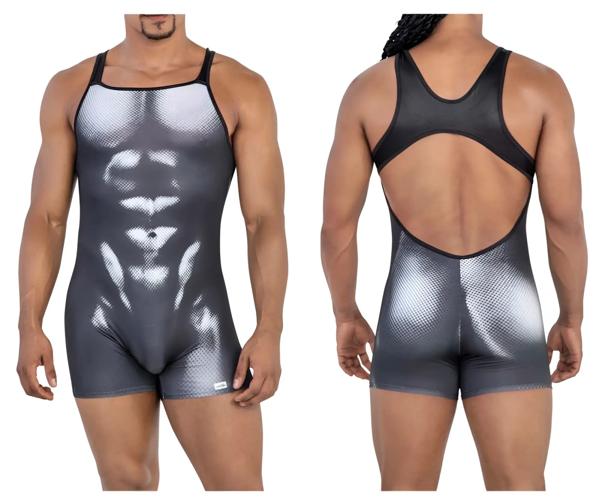 Black and silver gradient CandyMan 99796 muscle onesie bodysuit with detailed abdominal muscle print in black-white color