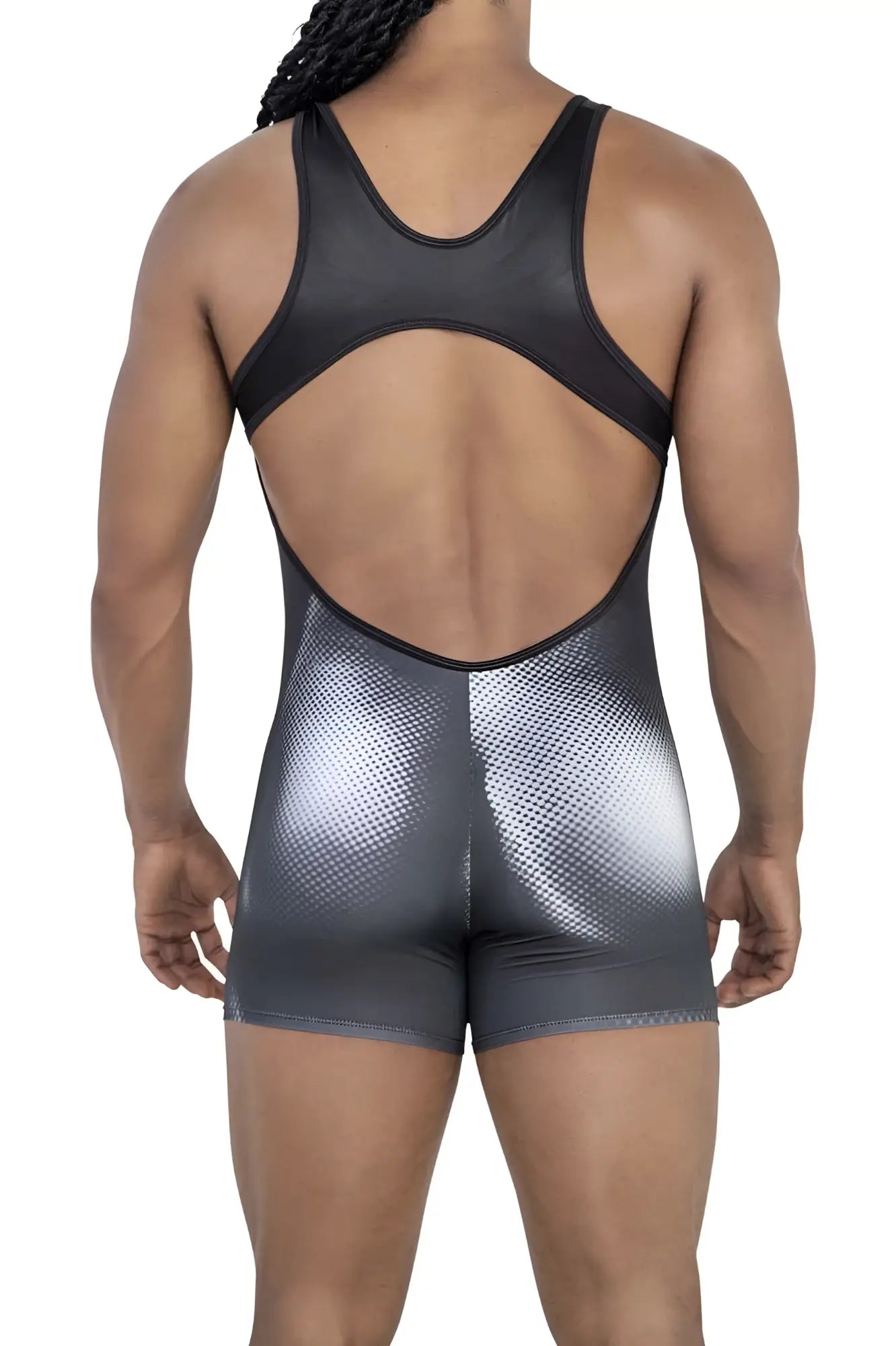 Black and silver gradient CandyMan 99796 muscle onesie bodysuit with mesh back panel in black and white