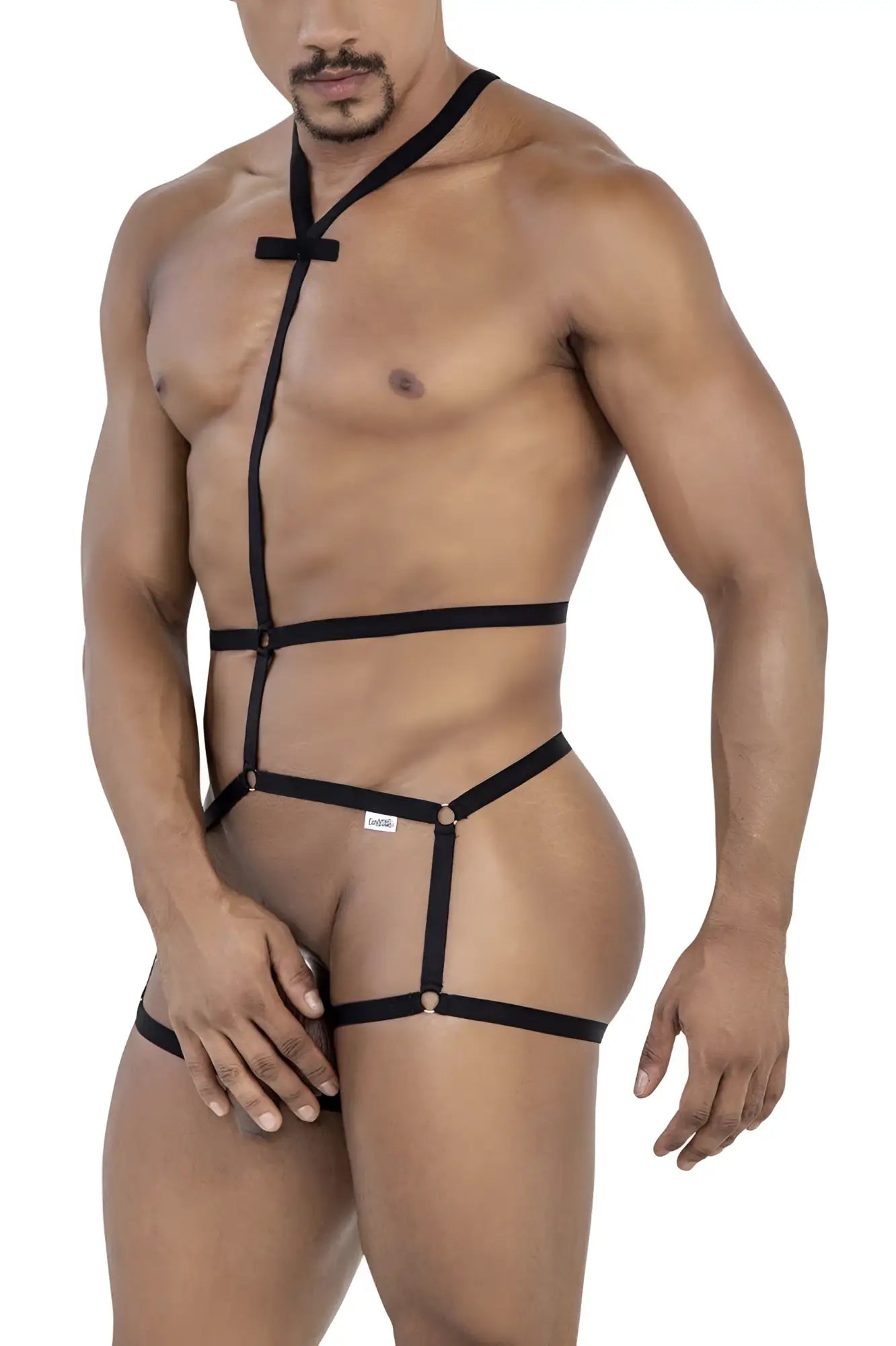 Black leather CandyMan 99797 string bodysuit with adjustable straps and metal clasps in black shown from the back