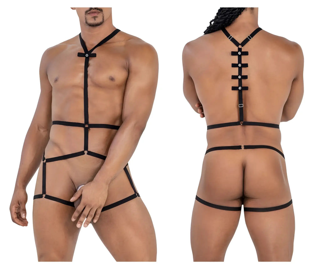 Black leather harness bodysuit by Candyman with adjustable straps and silver metal clasps in black color