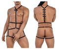 Black leather harness bodysuit by Candyman with adjustable straps and silver metal clasps in black color