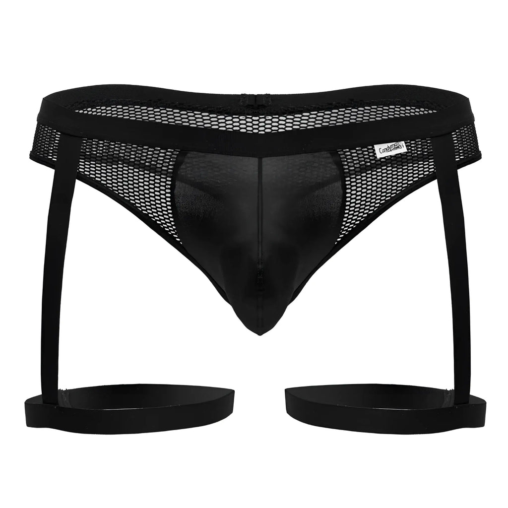 Black mesh garter belt with central satin panel and adjustable straps from Candyman 99798 collection