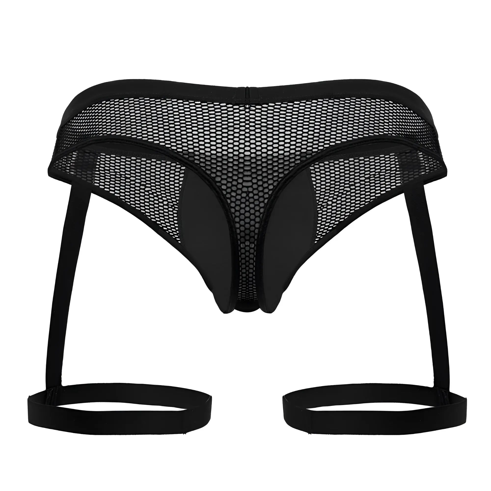 Candyman 99798 garter mesh thong in black with black elastic straps and reinforced side panels visible from the back