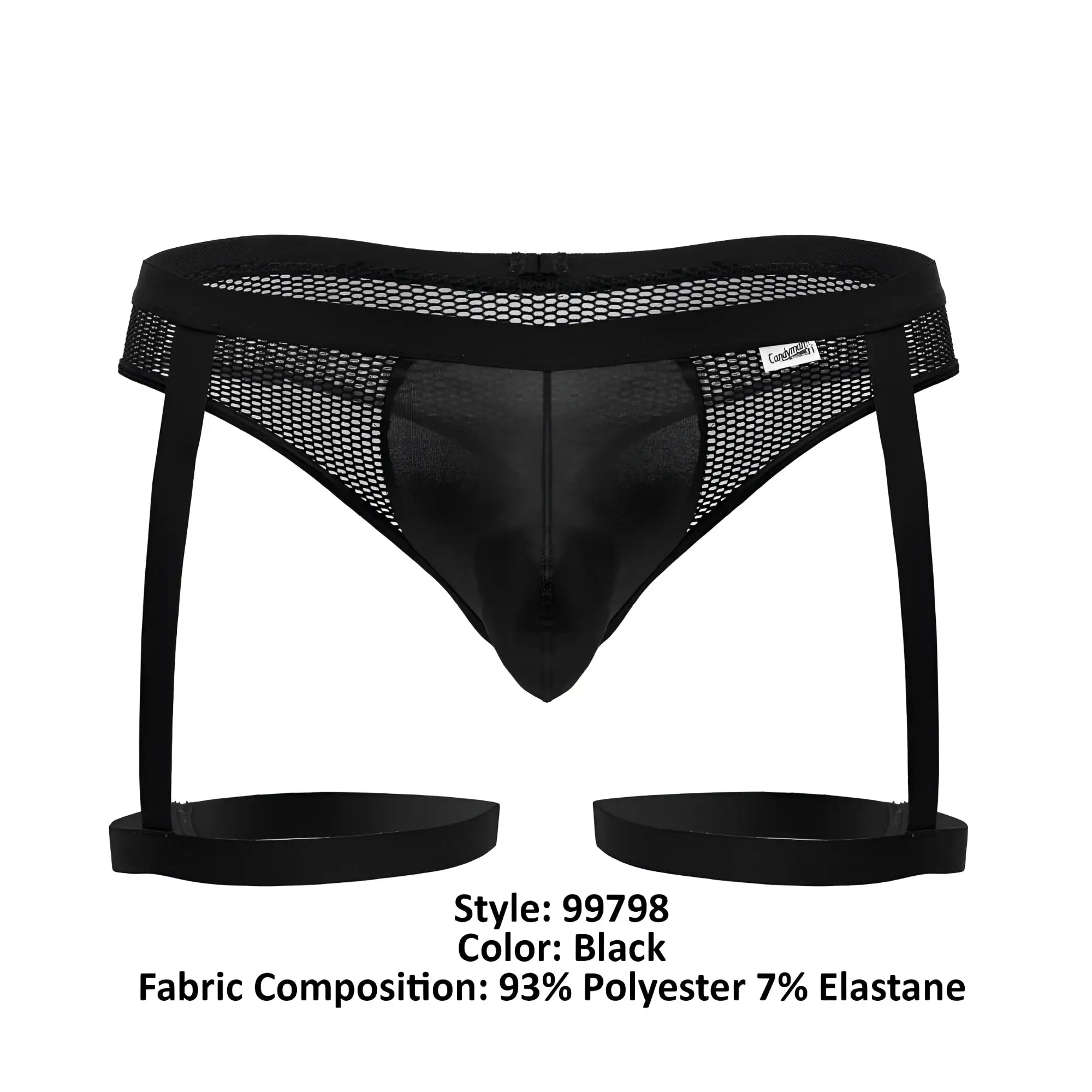 Black mesh and satin candyMan 99798 garter belt with adjustable straps and thong in black color front view